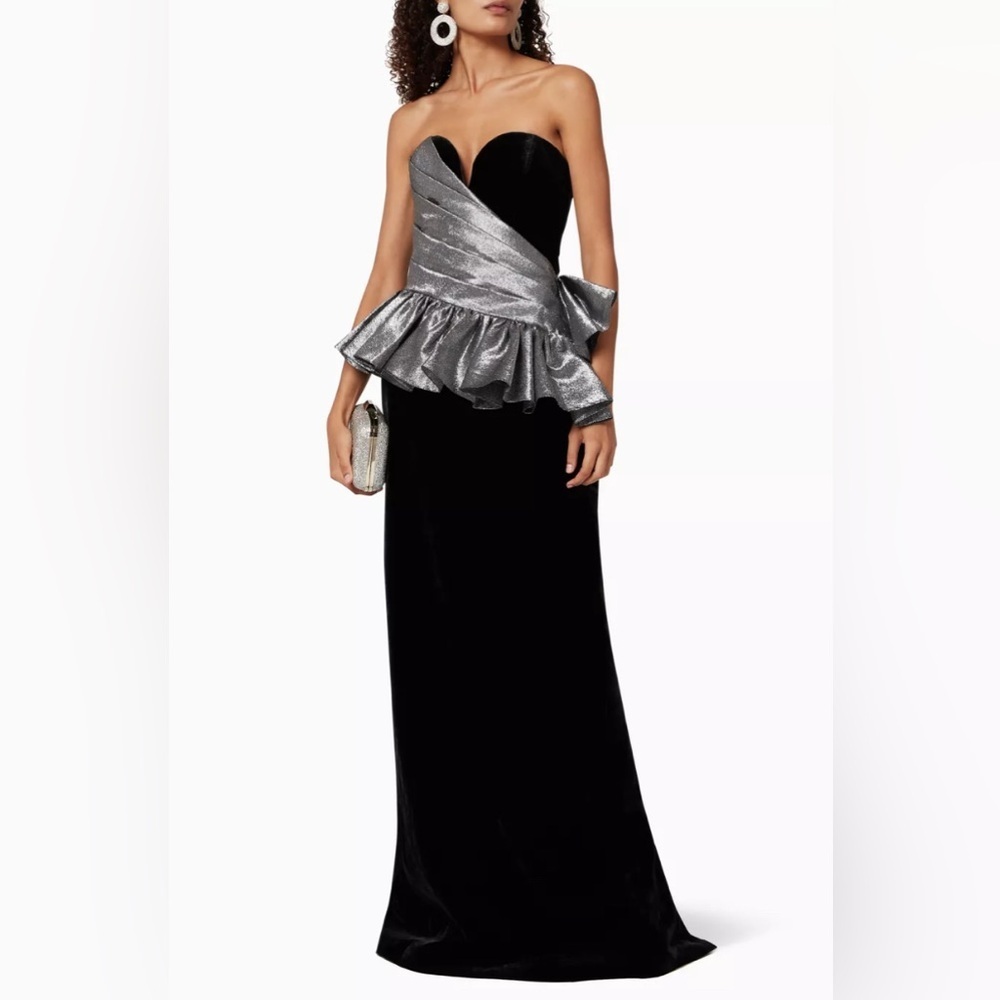 NWT Rasario Black & Silver Metallic Silk & Velvet Draped Corset Gown FR34 (US 0)